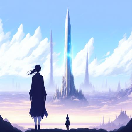 anime Epic Composition, massive scale a woman stands observing the distant mega Spire city in the distance (SpireCity style:1) <lora:djzSpireCity:0.8)