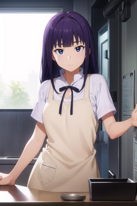 aoiyamada, <lora:aoi yamada s2-lora-nochekaiser:1>,
aoi yamada, long hair, (purple eyes:1.1), purple hair, blunt bangs,
BREAK apron, waitress,
BREAK indoors, restaurant,
BREAK looking at viewer, (cowboy shot:1.5),
BREAK <lyco:GoodHands-beta2:1>, (masterpiece:1.2), best quality, high resolution, unity 8k wallpaper, (illustration:0.8), (beautiful detailed eyes:1.6), extremely detailed face, perfect lighting, extremely detailed CG, (perfect hands, perfect anatomy),