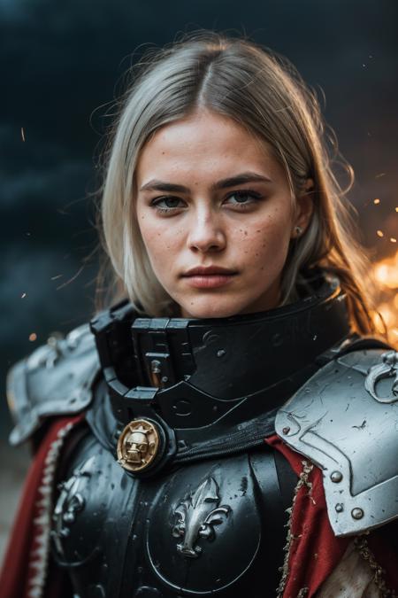 (masterpiece, best quality:1.1), photograph, Porta 160 color, shot on ARRI ALEXA 65, bokeh, depth of field, shot by Don McCullin, (blemishes, skin pores, textured skin:1.1), sharp focus, vibrant colors, PA7_Photo, PA7_Human-Likeness, volumetric lighting, <lora:detail_slider_v4:1>, <lora:FujiVelvia50:0.5>, <lora:GoodHands-beta2:0.8>,
solo, 1 girl, adult swedish woman, gorgeous, silver eyes, (white hair:1.25), braided hairstyle hair,  contemptuous look,  <lora:edgWar40KAdeptaSororitas:0.85>, edgAdepta, wearing edgAdepta, power armor, shoulder armor, skull emblem,  battle-worn,  billowing cape,
(epic, cinematic:1.1), grim dark, battlefield in background, impact crater, explosions, black smoke rising, particle effects,  darkness,  storm in background, (lightning:1.1),  <lora:epi_noiseoffset2:0.6>,