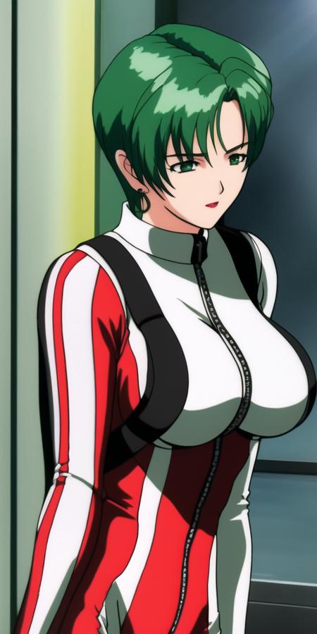 masterpiece, best_quality, highres, <lora:MiliaFallyna:0.7>, MiliaFallyna, solo, large_breasts, green_hair, short_hair, MiliaVFPilotSuit