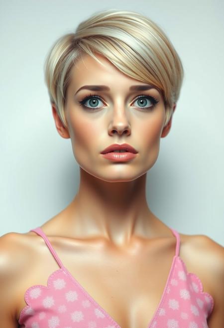 model, with medium boobs, perfect eyes, 1960s makeup, and freckles, short blonde pixie cut, wearing a geometric-patterned pink dress with a deep V-neck, gazes sadly away from a soft-lit, plain white background.