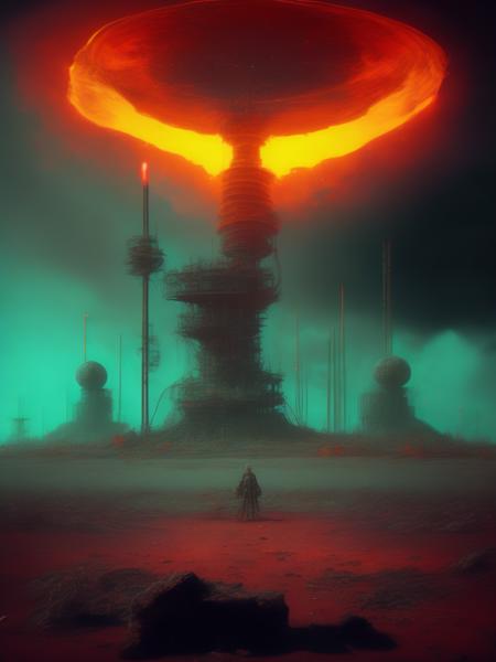 <lora:FilipHodas:1>Generate a surreal landscape featuring a fusion of organic and mechanical elements, satellite discs, antennas, nuclear power, neon lights with a moody atmosphere, apocalyptic, dirty, rust, concrete, scratched metal and a hint of fantasy