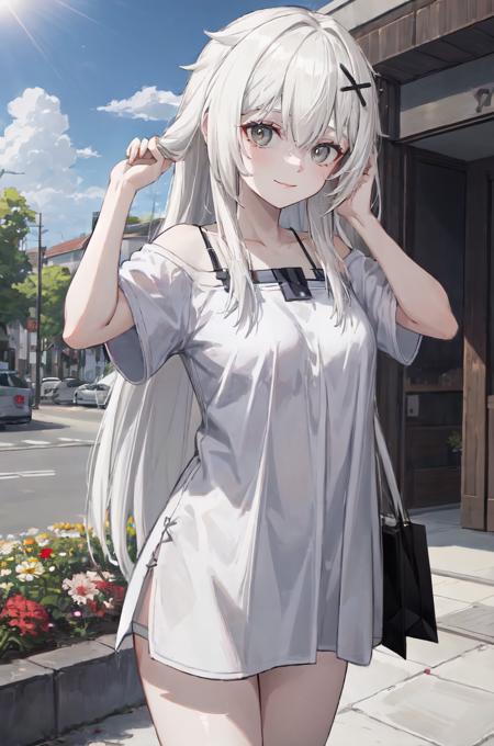 white hair, long hair, grey eyes, x hair ornament
cowboy shot, white shirt, t-shirt, plain shirt, short sleeves, small breasts, spaghetti strap, adjusting hair, outdoors, shopping, light smile, sunshine, flowers, (oversized shirt:1.1)
 <lora:21-31(3):1>