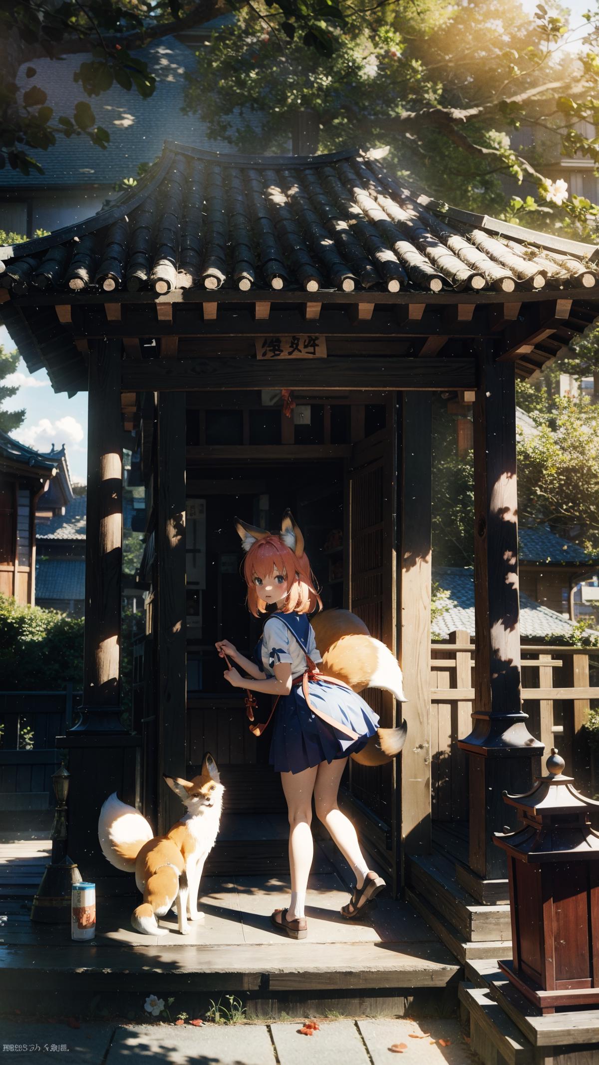 Anime-style character with fox tail and two dogs, possibly in a Japanese setting.