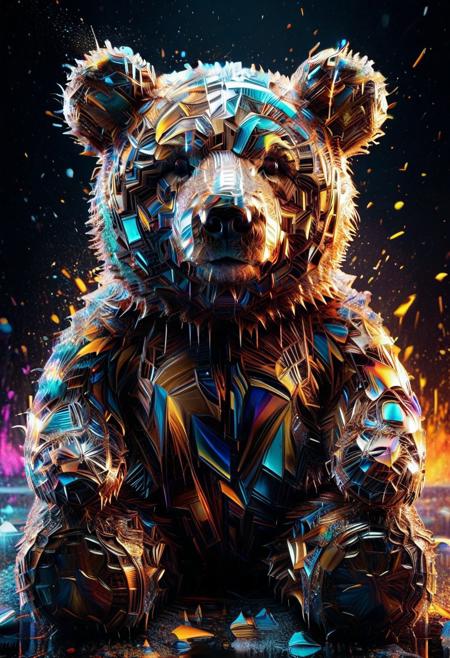 intricate line work only, a large teddy bear, with an intricate digital glitch effect, with bright colors, sharp detailed focus, saturated with an overlay dirt textured, abstract surreal. with Fire and Ice Style ❄ abstract shapes on the background. The painting features dark tones, high contrast, clean lines, high resolution, and high brush detail
