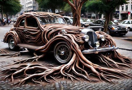 morph-treeroots , vintage car,polished chrome details,classic style design,in city,photography<lora:tree roots_0_100_V1-000008:1>