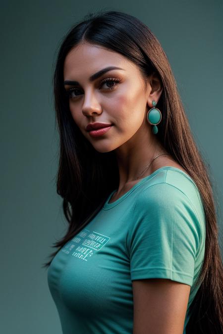 photo of (zanamari-135:0.99), a beautiful woman, perfect hair, smiling, closeup portrait, (modern photo, Midnight Green graphic tee), 85mm, (analog, cinematic, film grain:1.3), ((plain Sea Blue background:1.2)), detailed eyes, (seductive pose), painted lips, eyeliner, (epicPhoto), (looking at viewer), earrings, (cinematic shot:1.3)