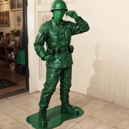 <lora:Plastic Green Army Toy Soldier Costume:0.7>, 1boy, Plastic Green Army Toy Soldier Costume, full body