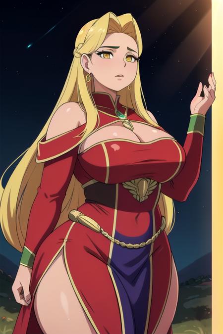 SFW, 1Girl, Adult, (fat Paraguayan:1.2) woman, natural large breasts, very long blonde beehivedo hairstyle, wearing red suit outfit, moonstone jewelry, Armored Dress accents, glowing pupils, green-yellow eyes, irate expression, delightful luxurious vistas aura with boreal steppe background, rich pleasant moonlight aura with temperate background, subsurface scattering, ray traced, depth of field, bokeh, god rays, vivid colors, cinematic hard lighting, realistic shadows, detailed textures