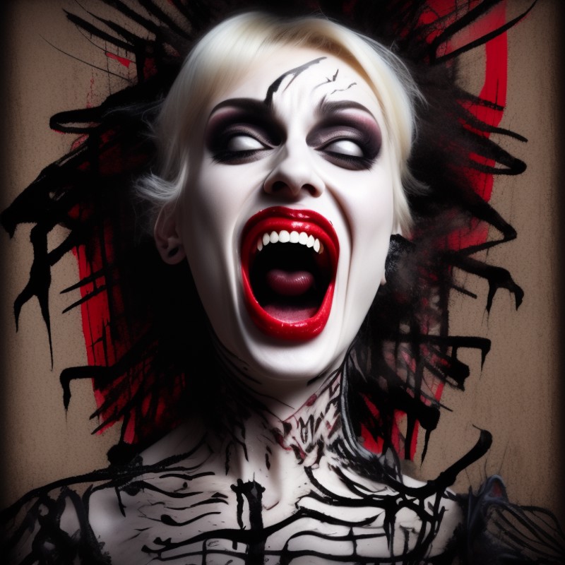 a screaming lady, horror hair, horror makeup, text, witten, Chaos And Order