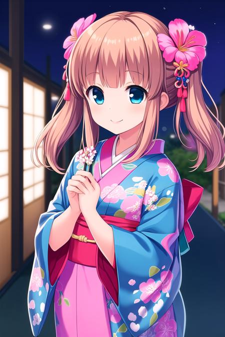 (masterpiece, best quality), highly detailed background, perfect lightingbest quality, yuukinae, solo, outdoors, night, brown hair, twintails, hair flower, hair ornament, long hair, blue eyes, pink kimono, floral print, japanese clothes, (own hands clasped), smile, closed mouth, :), pink lips, <lora:Yuuki-Nae:0.7>