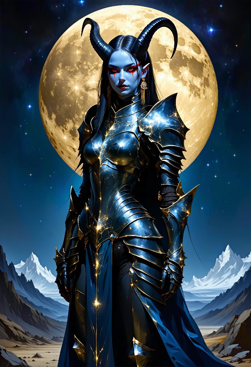 a digitally generated fantasy painting featuring a humanoid female warrior with a sleek, metallic, and organic appearance, she has a pale blue skin tone and long, flowing black hair that falls down her back, her eyes are bright red, giving her face a mystical and otherworldly quality, she wears a full set of armor with intricate metallic detailing, including shoulder pads, chest plate, and thigh guards, giving her the appearance of a warrior, her armor is predominantly black with gold accents, and she has two prominent, curved horns protruding from her head, the background features a starry night sky with a large, golden circular emblem in the center surrounded by smaller, intricate designs, the ground she stands on is rocky and uneven, with jagged, jagged mountains in the distance, the overall color palette is dominated by dark blues, blacks, and golds, giving a sense of depth and mystery, the texture of the armor smooth and reflective, enhancing the futuristic and organic feel of the scene