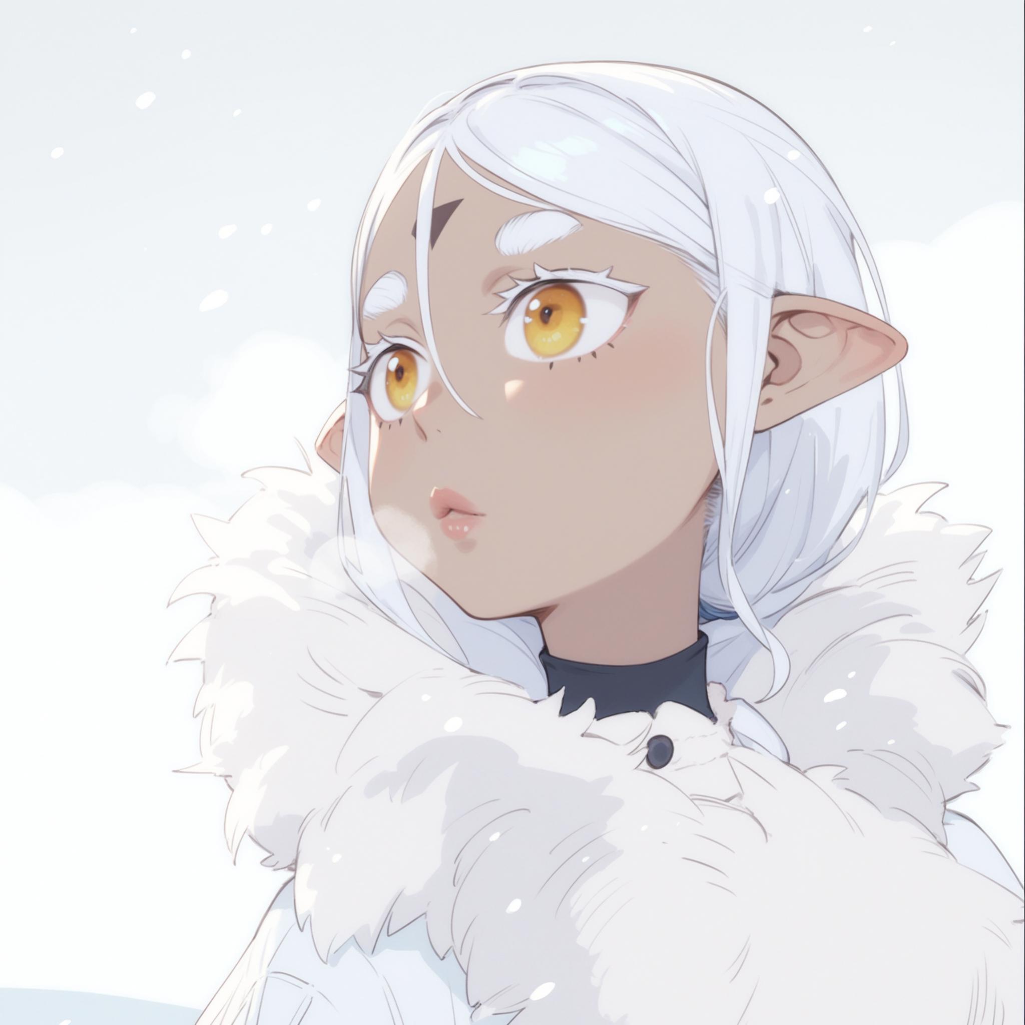 score_9, score_8_up,score_7_up, score_6_up, source_anime, detailed_eye_model, ((upper body shot, portrait)), snow storm, simple background, outside, white background, snowy
<break>
1girl, dark elf, long ears, rounded ears, white hair, thick eyebrows, ((cute)), black triangle forehead marking, olive eyes, (dark skin:1.5), black turtleneck, white fur coat, steam, heavy breathing, anime girl, long hair, low ponytail, straight hair, small nose, lips parted