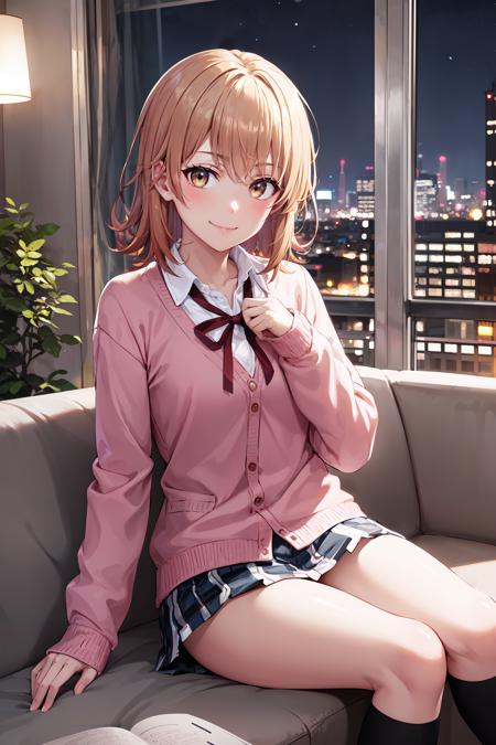 masterpiece, best quality, cowboy shot, looking at viewer, smile, iroha isshiki, short hair, cardigan, ribbon, plaid skirt, kneehighs, sitting, indoors, couch, night, skyline, <lora:iroha_isshiki_v2:0.9>