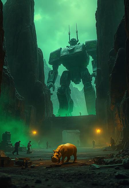 professional 32k rendering, green glow, action scene, green dark theme, shot in a ultra detailed warhammer castle, dwarfed by the surrounding mountains, soft warm lighting, tiny people working. silhouette of a detailed giant robot in the far distance, dusty, smoky, highly detailed, perfect timing, perfect quality, 16k, very detailed, highly detailed, realistic, photorealistic, scinematic, soft dramatic lighting, highly detailed, dramatic shadows, 
a tiny yellow hippo sculpture in the font on the ground, 