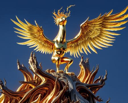 <lora:hands_of_midas_v4:0.5>, statue, gold, phoenix, golden fire, no humans, bird