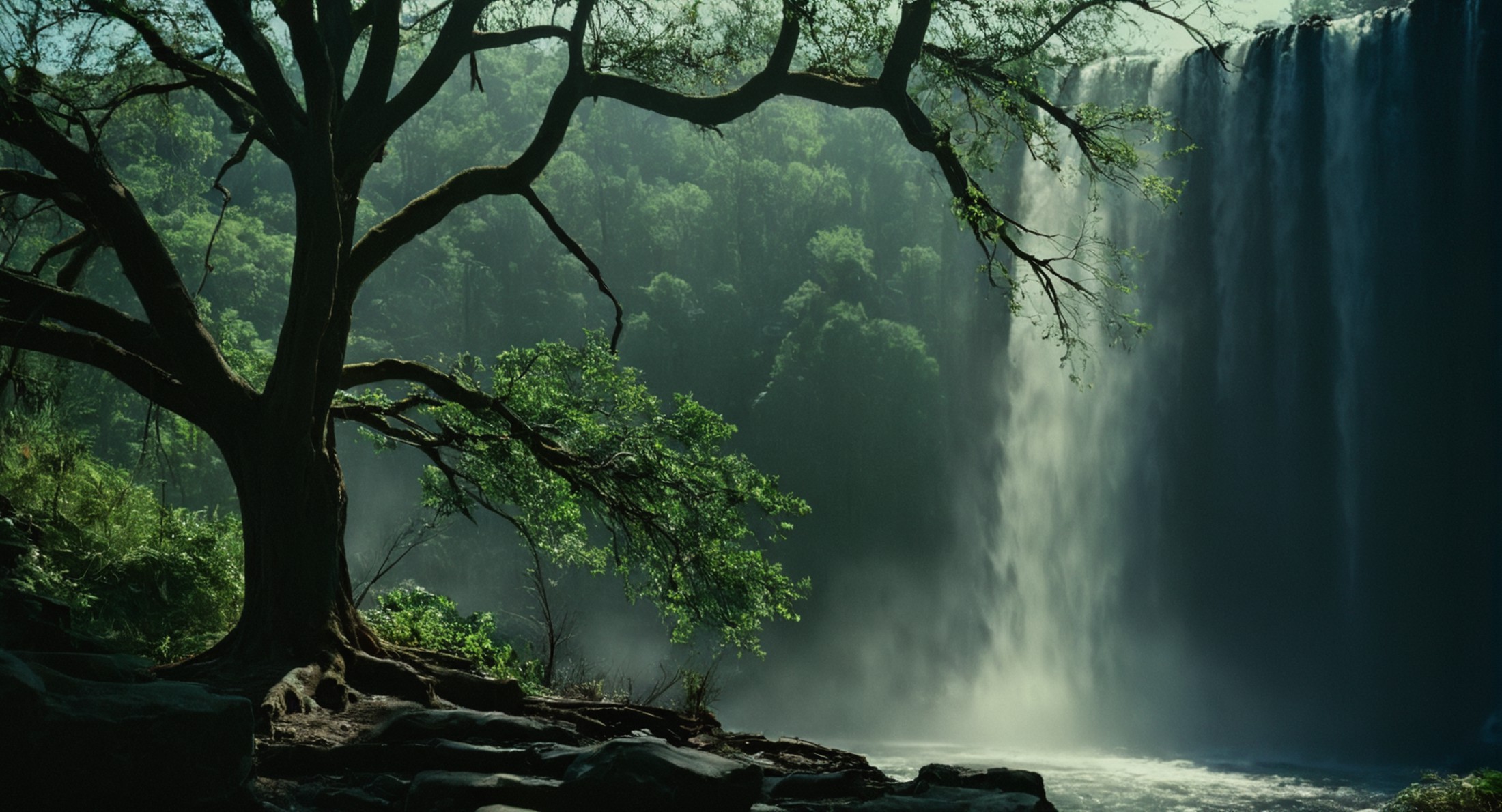 cinematic film still of  <lora:Ron Fricke style:1>
a tree with a waterfall in the background,outdoors,tree,no humans,sunli...
