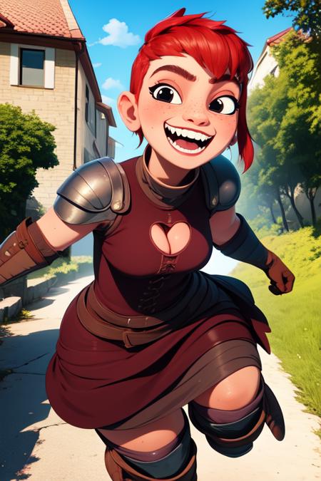 Nimona, black eyes, smiling,  short hair, sidelocks, red wings,   sharp teeth,
NimSuit,armor,bandages,gloves ,dress,brown footwear,
outdoors, flying,  cowboy shot,  cleavage cutout, 
(insanely detailed, beautiful detailed face, masterpiece, best quality) <lora:Nimona-10 v3:0.7>