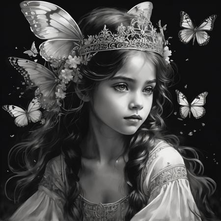 masterpiece.((black background)),greyscale,black and white, (solo),((an extremely delicate and beautiful monochrome girl sitting on the birdcage)),((extremely detailed eyes and face)) with (black long hair) with (flutter hair) with (headdress) with (expressionless) with (full organdy dress)<glod and silvery embroidery>+(butterfly wings) with (tiny breasts).from side., flowing black.(floating petal),
2d game scene,oil and watercolor painting,<lora:Retro_Illustration:1>,