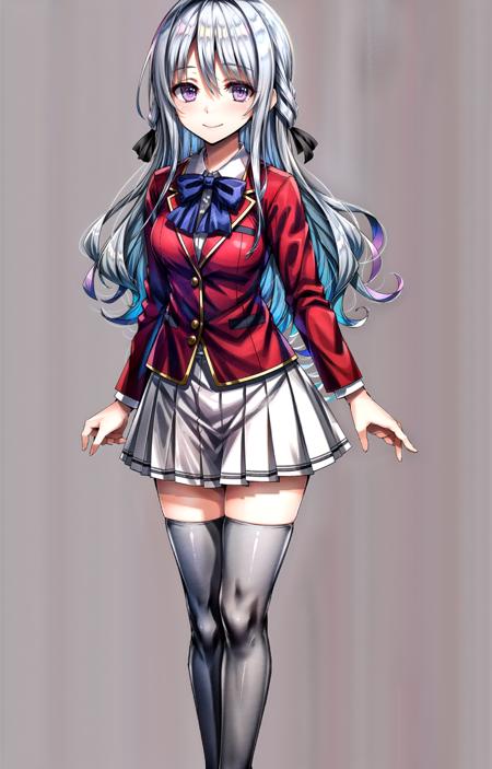 (masterpiece, top quality, best quality, official art, beautiful and aesthetic, picture-perfect:1.4), 1girl, solo, Hiyori, (looking at viewer, full body shot, standing:1), (light blue hair, bluish silver hair, light blue colored hair, blue hair, grey hair, flowing hair, black hair ribbons:1.2), (purple eyes, shining purple eyes:1.3), [smile, closed mouth:1.2], [medium breasts:1], (Hiyori School, school uniform, red blazer, red jacket, white dress, white skirt, pleated skirt, blue bow, grey thighhighs, Zettai Ryouiki:1.15), (simple background:1.4),  <lora:HiyoriLora-15:.7>, <lora:more_details:.75>,