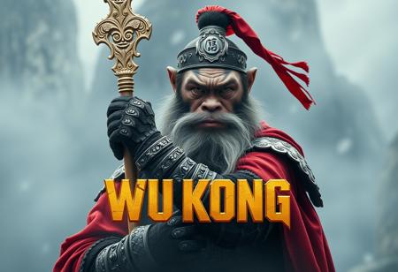 Panoramic view cinematic photo, a text title movie poster "WU KONG",game of thrones poster，The Monkey King in the classic Chinese myth Journey to the West，features a bearded man in armor holding a gold stick carved with classical Chinese textures，In a red cape，front view，(full_shot:1.3),  light fog, highly detailed, parody movie poster, a digital movie poster illustration,