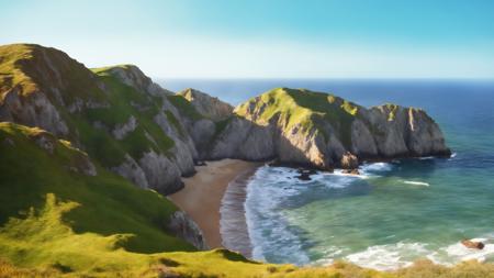 best quality, masterpiece, highers, 4k, 8k, realistic,
coast, landscape, scenery, nature, day, no_humans, outdoors, mountain, rock, , grass, field, bush, beach, sand, sky,