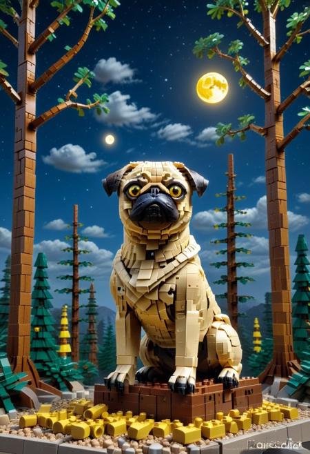 LEGO, detailed LEGO pug perched on a branch made of stacked brown bricks, glowing yellow LEGO eyes, pixelated moon in the background, surrounded by geometric LEGO trees and low-poly clouds, SDXL, whimsical and textured, nighttime toy diorama