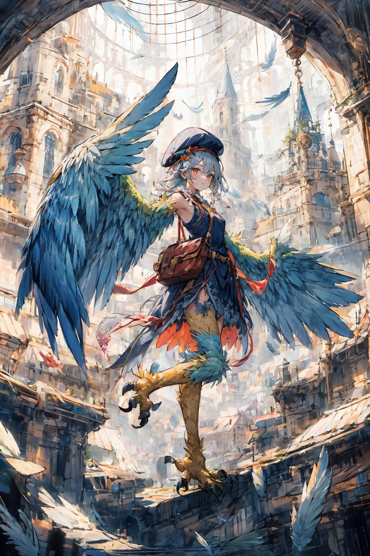A painting of a woman with wings, holding a handbag, standing in a city with a castle-like structure in the background.