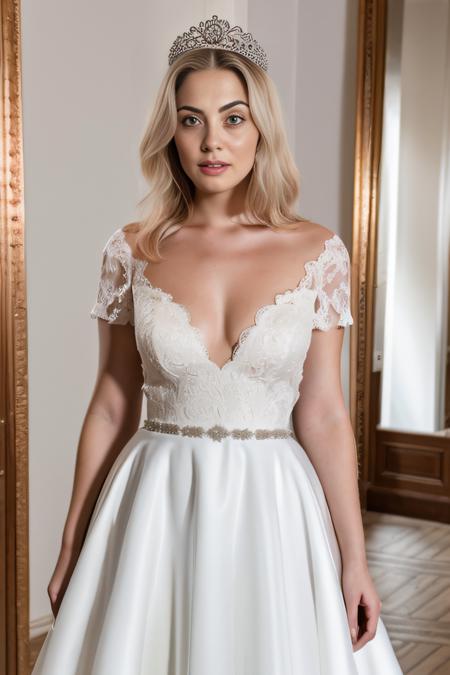 30yo beautiful woman, high quality, best quality, highres, high detail platinum blonde hair, (haute couture), wedding ballgown, white dress, short sleeves, standing, cleavage, tiara, (cathedral, ornate), ((rim lighting)) (shadows)  hand on hip,, ((30yo curvy woman)). RAW, UHD, 8K, perfect hands