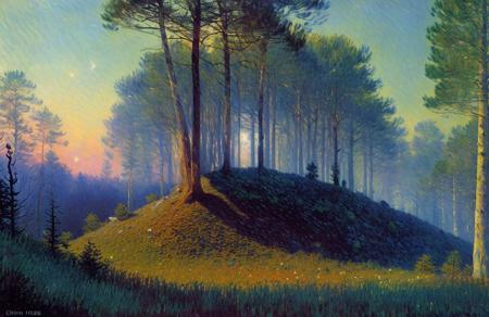 (impressionism:1.1), A graveyard of fallen stars , Cliff/Bluff, pine forest, (john harris:1), a painting,scene painting,scenery,