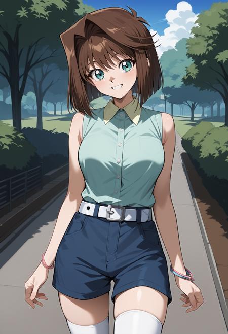 aaanzu, medium hair, brown hair, aqua eyes, breasts, school uniform, blue bowtie, blazer, pink jacket, long sleeves, pleated skirt, blue skirt aaanzu, medium hair, brown hair, ponytail, aqua eyes, breasts, turtleneck, necklace, yellow shirt, sleeveless, bracelet, white belt, miniskirt, pink skirt, black thighhighs aaanzu, medium hair, brown hair, aqua eyes, breasts, collared shirt, green shirt, sleeveless, bracelet, short shorts, blue shorts, white belt, white thighhighs