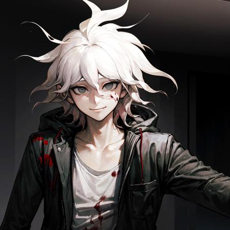 komaeda_nagito,  1boy, solo, masterpiece, best quality, smiling, in a mental asylum, dim lighting, blood splatter, horror, creepy, hospital bed