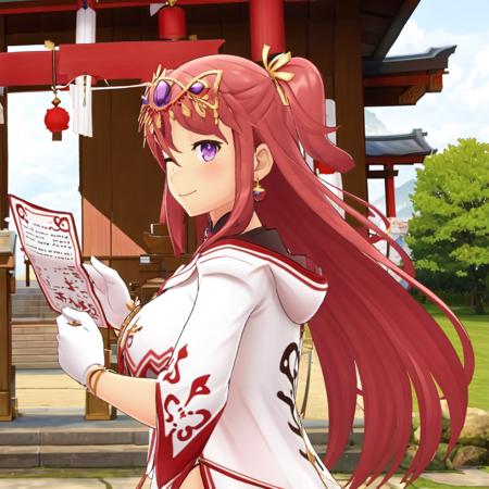 (outdoors, shrine, holding a paper talisman:1.4), (portrait, upper body:1.4), masterpiece, best quality, higres, Ashiya_(senran_kagura), smile, one eye is closed, blush, upper_body, long hair, gloves, ribbon, jewelry, purple eyes, hair ribbon, red hair, earrings, boots, white gloves, white thighhighs, two side up, thigh boots, tiara, (side view:1.2), looking at viewer,     <lora:Ashiya3_Lora:0.8>