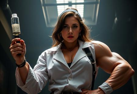 Ada, a female scientist who, in a moment of desperation, injects herself with an experimental serum she had been working on. The serum has a transformative effect, causing her body to grow stronger and more muscular at an alarming rate. Ada's muscles swell and her physical power increases dramatically, transforming her into a towering, seven-foot-tall figure with unparalleled strength.