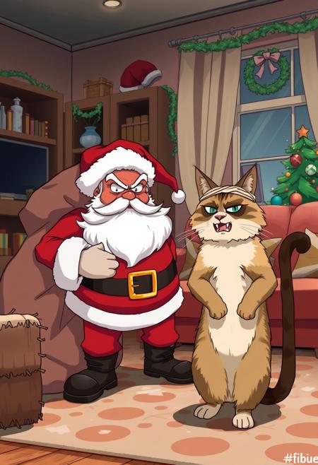 ANIME STYLE, LIVING ROOM, CHRISTMAS TIME, SANTA CLAUS ANGRY WITH A BAG FULL WITH COAT, NEXT TO HIM AN ANGRY COMMON CAT WITH A BANDAGE ON HIS HEAD