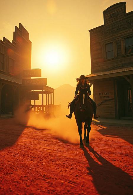 Photorealistic vintage-style scene of a lone cowgirl riding her loyal horse down a dusty red dirt road in a small Western town. The golden-orange flare of the setting sun glows through the haze of kicked-up dust, casting cinematic shadows and warm tones. On the left, a weathered two-story wooden saloon with a swinging sign creaks softly in the wind. On the right, an old bank with shuttered windows and a rusted rifle on display stands still. The atmosphere is tense, quiet, and gritty — like the opening scene of a classic Tarantino Western. The camera slowly pans, capturing lens flares, dust particles, and textures of aged wood and leather.
Style tags (add to prompt or metadata):
photorealistic, vintage film look, 1970s Western, cinematic lighting, golden hour, Tarantino aesthetic, film grain, shallow depth of field, dusty atmosphere, wide-angle, color-graded, retro tone
Negative Prompt: modern buildings, futuristic elements, clean textures, digital look, blurry face, anachronisms