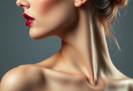 The image is a photograph showcasing an upper torso view of a beautiful woman,  specifically focusing on a striking, artistic lipstick and eyeshadow design. 
Side view