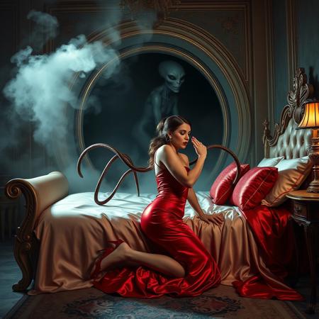 Beautiful classy lady kneeling in the satin bed, struggling  to break free,  pulled by alien long tentacles  from her victorian bedroom  luxurious bed toward giant  portal in the wall,  leading her  to alien spaceship whorish harem chamber . Fog streaming from the portal. Two gray aliens  looking at  her from the portal. Rich red hot foxy glossy satin nightgown, elegant high heels, weird foil pillows, abduction, makeup, lipstik, horror