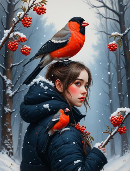 A girl with a bullfinch sitting on her shoulder. Mountain ash in the snow and bullfinches. It is detailed, beautiful, in the style of dark fantasy, executed with broad strokes of oil. Winter background.