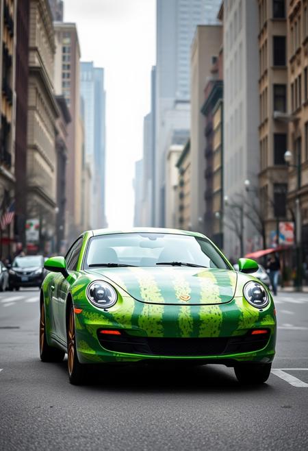 watermelon car, background is grey bleak city, watermelon car is very bright and colorful compared to the background