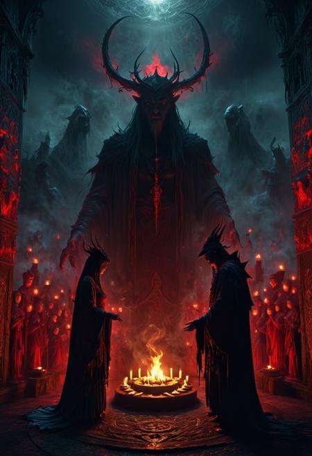 In this captivating scene, a satanic ritual is taking place, enveloped in a dramatic atmosphere of mystery and intrigue. The scene is bathed in the flickering light of candles, casting mysterious shadows and creating a haunting ambiance. The backdrop is dark and ominous, featuring an array of menacing objects that contribute to the eerie mood.
The central figures, a man and a woman, are dressed in ceremonial attire, their intense expressions conveying a sense of determination and focus. Surrounding them are intricate symbols, further heightening the sense of occult mystique.
The use of deep reds and blacks adds to the chilling effect, while the ultra-detailed, cinematic quality of the scene draws the viewer in, immersing them in the atmosphere of darkness and supernatural power. The high-contrast lighting creates a striking visual impact, enhancing the overall sense of foreboding and unease.
This masterful depiction of a satanic ritual expertly captures the eerie mood and supernatural tension of the scene, offering a captivating and unforgettable visual experience.