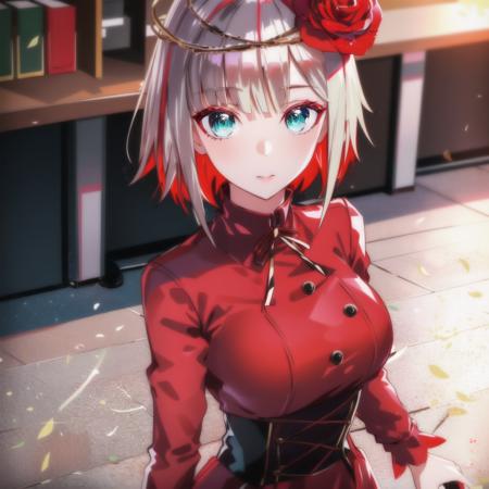 <lora:DestinyV1:0.65>,1girl,cosette schneider, Destiny,((office outfit)),red flower, hair ornament, red rose, hair flower, short hair, green eyes, standing,multicolored hair,