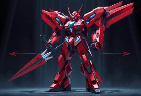 Create a 2D computer-generated image of a mecha robot with a sword, featuring a full-body red mech with rich blue accents and a Batoidea-inspired shape. The robot should have a slim, symmetric body with a beautiful design. Include a Dice Dungeon background beam and two arrows in the scene. Ensure the image has a 1/3 headroom and is positioned to showcase the robot from front, back, and side views. The image should have stunning, lifelike details and a golden ratio composition. Optimize for smooth focus, sharp lines, and high-quality rendering. Target a resolution of 8K and a highly realistic, hyper-realistic style akin to trending art on platforms like Artstation and Pinterest.