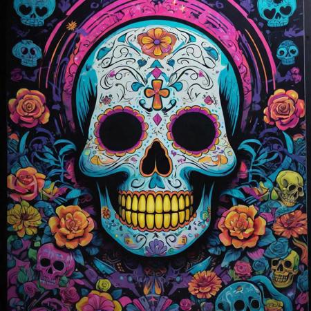 glow in the dark poster, hyper detailed in the style of light box, in the style of playful graffiti-inspired murals,  dia di muertos , psychedelic manga, contrasting shadows, terrorwave