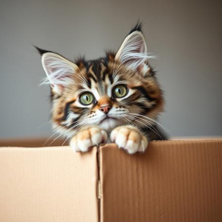 a ragamuffin cat peeks out of the top of a cardboard box. the cat's paws are on the edge of the box. the cat is in the box.