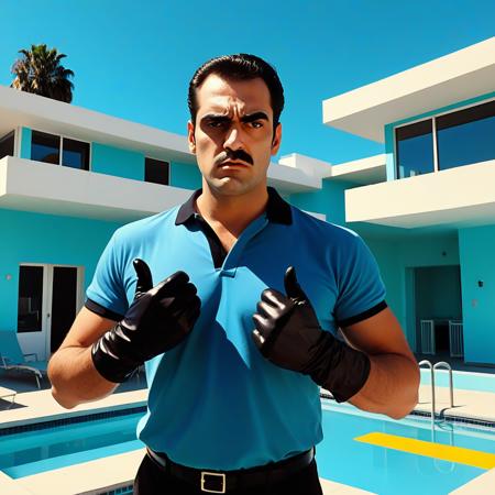 devastatingly handsome Miami blood spatter analyst in a polo shirt, thick dark eyebrows, close-set eyes with thick lashes, bedroom eyes that are completely empty and soulless, European nose, angular face with square jaw, perfect proportions, standing and looking directly at viewer with intense Kubrick stare, head tilted slightly down while eyes look up, unsettling fixed gaze with no emotion behind the eyes, wearing black leather gloves, holding a scalpel, arms at his side with hands hanging at waist level, handsome facade masking complete emptiness, fullbody, crime scene tape,, vibrant acrylic painting style, bold flat colors, clean geometric compositions, bright California sunlight, crisp shadows, modernist architecture, swimming pool blue tones, perfectly manicured landscapes, mid-century modern aesthetic, saturated color palette, smooth gradients, minimal detail work, contemporary pop art influence, architectural precision, optimistic 1960s atmosphere,