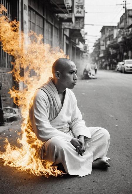 Monochrome, burning monk in White clothes sitting amidst a street, rage against the Machine, heavy grain, petrol canister,