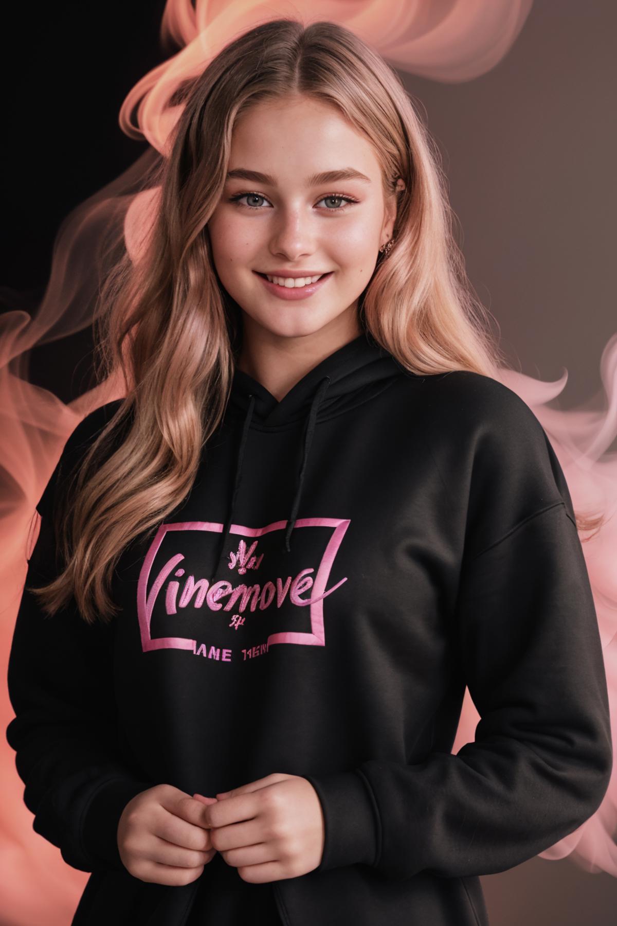 A blonde woman wearing a black hoodie with a pink logo posing for a picture.