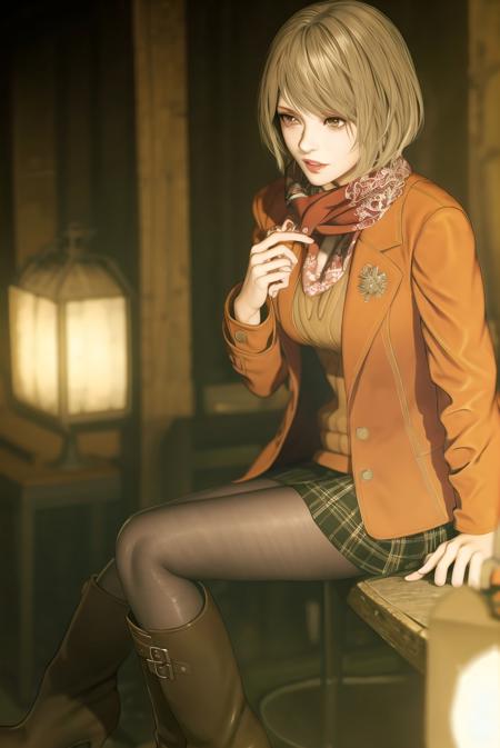 1girl, ashley-re4, boots, brown eyes, coat, high heel boots, high heels, jacket, knee boots, lips, pantyhose, scarf, short hair, sitting, skirt, solo, sweater