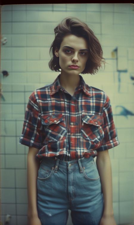 <lora:wallis_day_xl_lora_33:1> wallis day woman,analog film photo close up, beautiful woman posing, ripped jeans and checkered shirt, cute look, perfect eyes, faded film, desaturated, 35mm photo, grainy, vignette, vintage, Kodachrome, Lomography, stained, highly detailed, found footage, f1.2 50mm